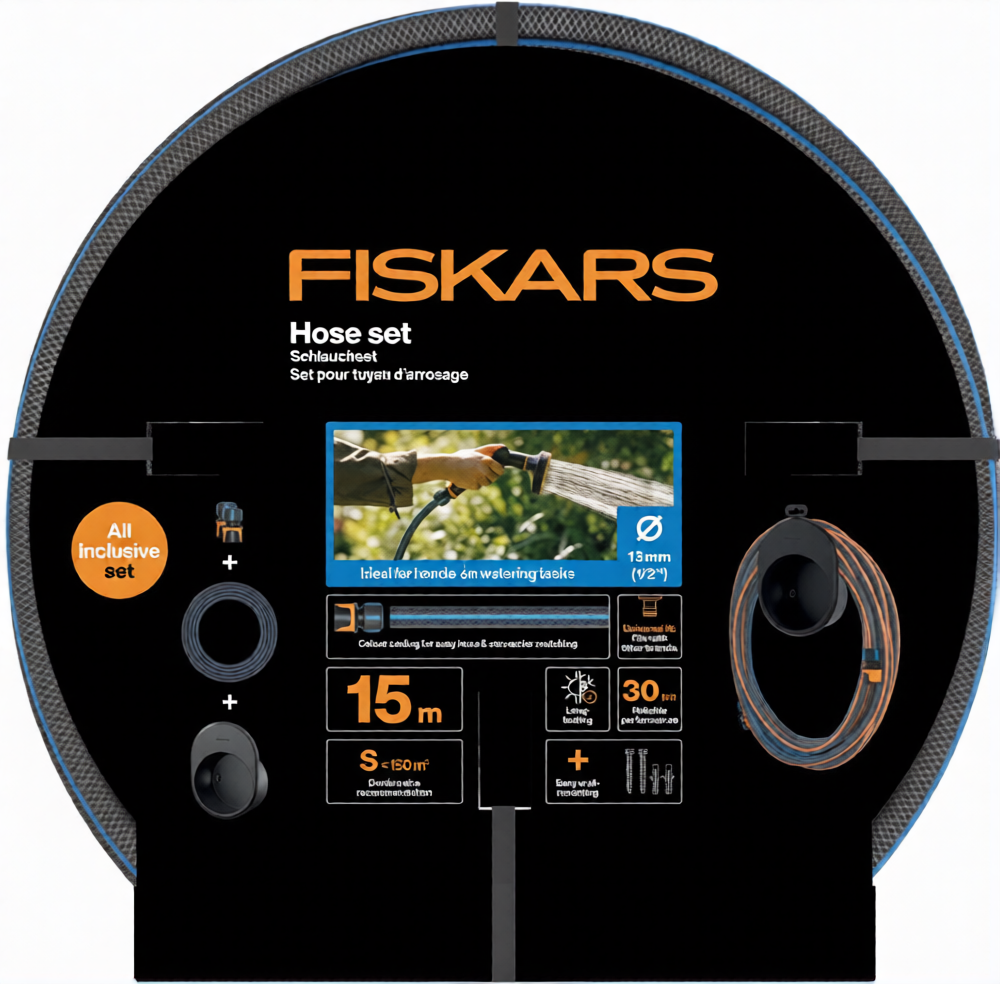 Fiskars Gartenschlauch-Set 13 mm (1/2") 15 m mit Wandhalterung
