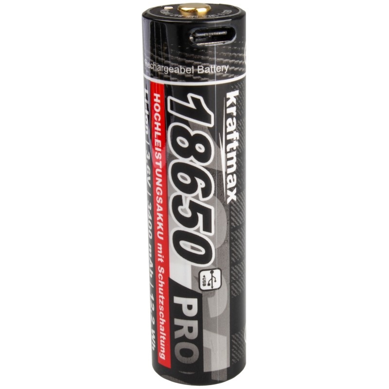 Kraftmax Pro Li-Ion Akku 18650 3,6 V 3400 mAh mit USB-C-Ladebuchse