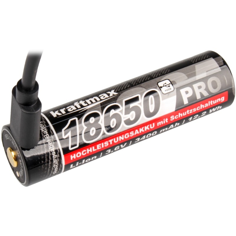 Kraftmax Pro Li-Ion Akku 18650 3,6 V 3400 mAh mit USB-C-Ladebuchse