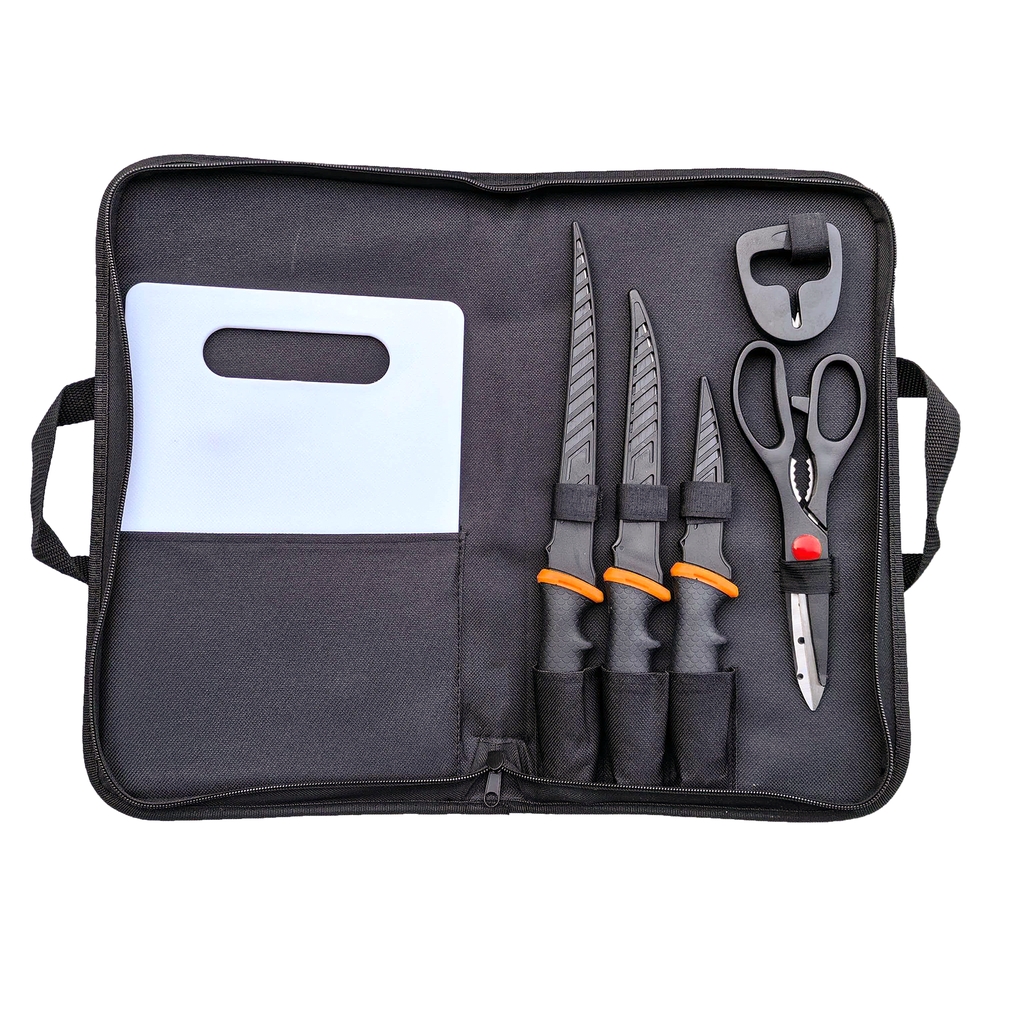 Jenzi Filetiermesser-Set 6-teilig mit Tasche, Schärfer und Brett