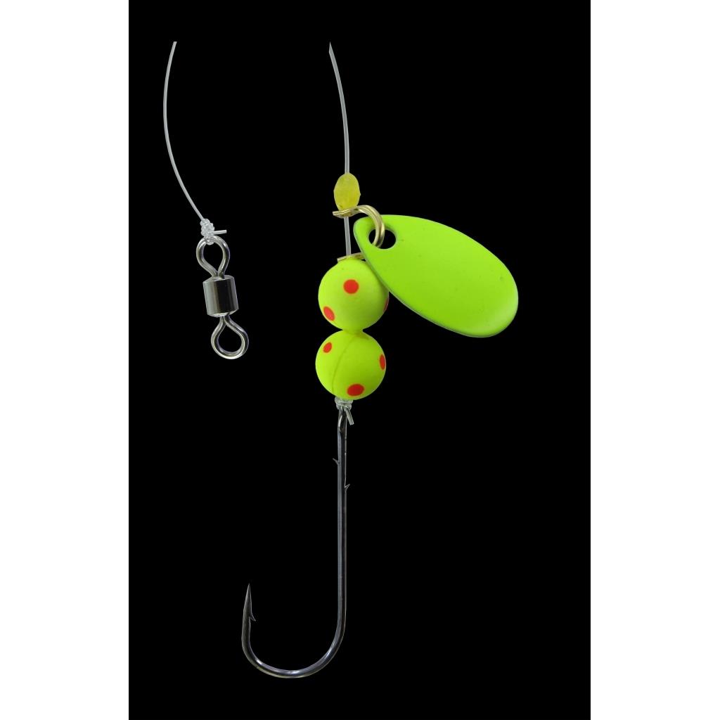 Jenzi Nachläufer für Buttlöffel 35 cm – UV-aktives Nachläufer-Vorfach mit Spinnerblatt (Gelb/Orange)