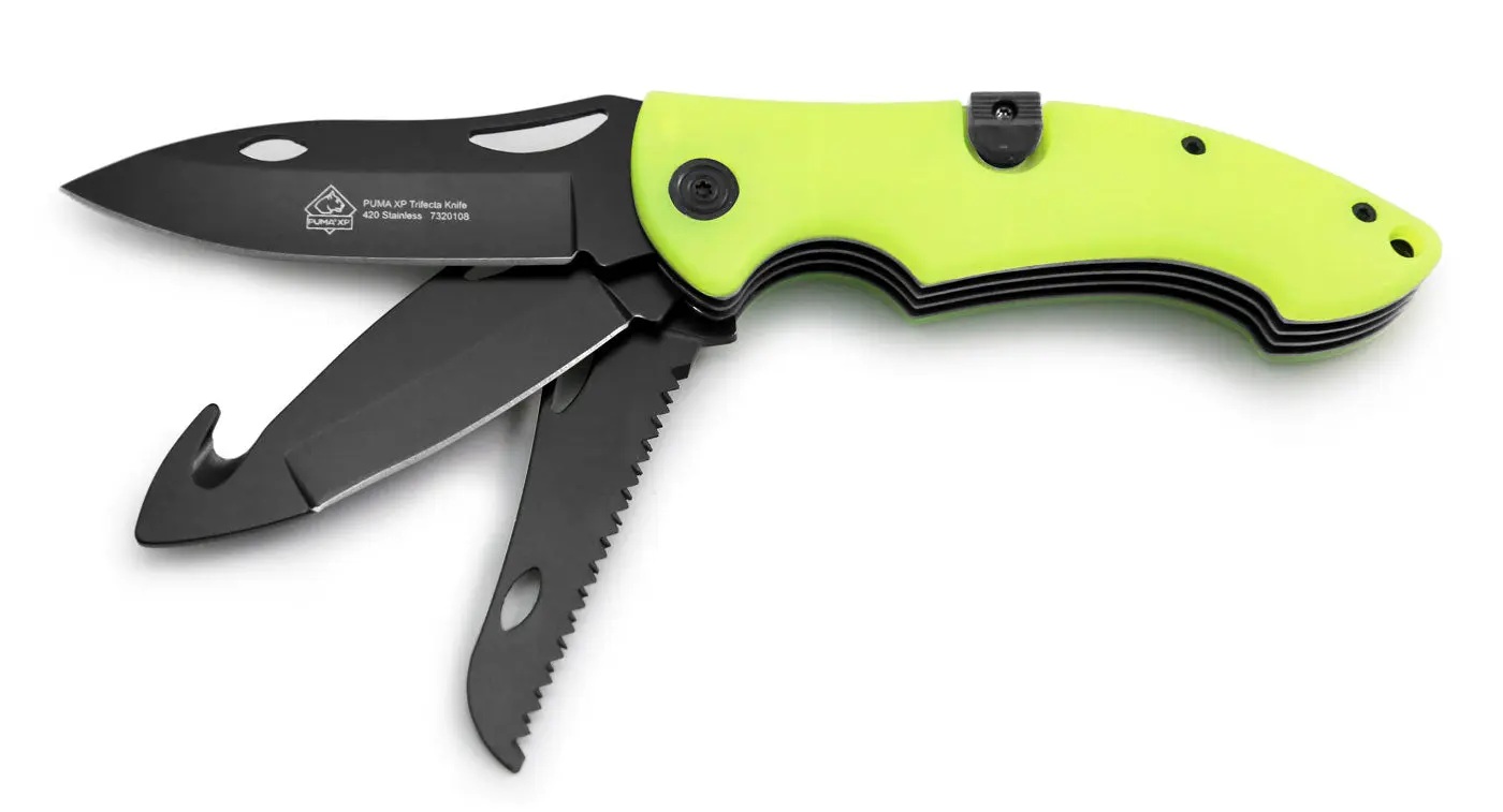 PUMA XP Trifecta 3-Klingen Schließmesser Jagdtaschenmesser mit Droppoint-Klinge, Aufbrechklinge, Knochensäge und nachleuchtendem Acrylgriff